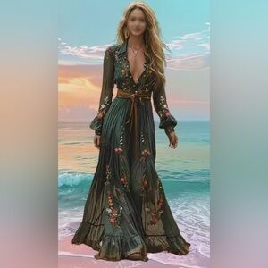 Gaexia  Women’s Vintage Wes Pastoral Flower Long Dress V neck in  Green